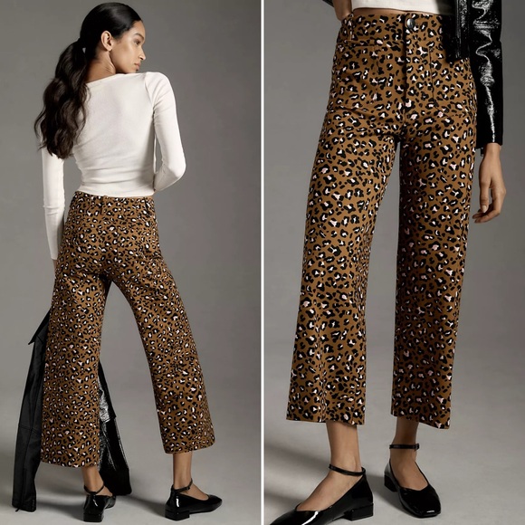 Anthropologie Maeve The Colette Ponte Crop Wide-Leg Pants Leopard Print Size 26P - Picture 1 of 15